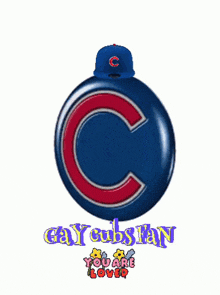 a chicago cubs logo with a baseball cap on top