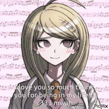 a picture of a girl with the words i love you so much thank you for being in my life 333 mwah