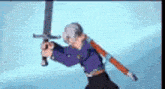 a cartoon character is holding a sword in his hand while flying through the air .