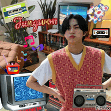 a young man is surrounded by televisions and cassette tapes and the word jungwon is on the bottom left