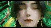a woman with her eyes closed is surrounded by green leaves