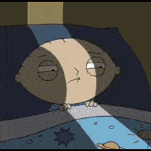 a cartoon character is laying in bed with a flashlight shining on his face