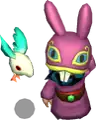 a purple rabbit is standing next to a white bird .