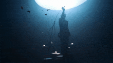 a person holding a microphone in front of a large light