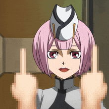 a cartoon character with pink hair and a white hat giving the middle finger