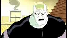 a cartoon character is standing in front of a door with a smoke coming out of it