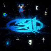 a blue j & m logo is surrounded by planets and music notes