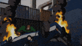 a couple of cartoon characters standing next to each other in front of a car on fire