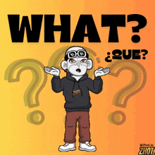 a cartoon character is standing in front of a sign that says what que