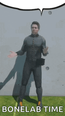 a man in a suit is standing in front of a wall with a speech bubble that says bonelab time