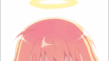 a girl with a halo on her head is looking down