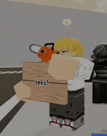 a cartoon character is holding a box that says seks on it