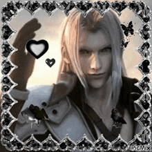 a black and white photo of a man with long hair and hearts around him