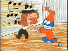 a nick jr. cartoon shows a man and a puppet dancing together