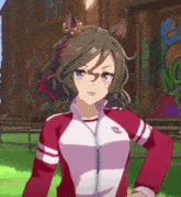 a girl in a red and white jacket with a crown on her head