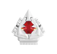 a white object with red eyes and gold flowers on it