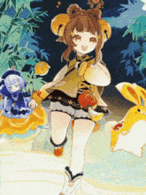 a cartoon drawing of a girl and a rabbit with a flower on her head