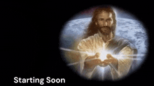 a picture of jesus with the words " starting soon " on the bottom