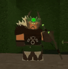 a roblox character is holding a bow and arrow in his hand .