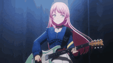 a girl with pink hair is holding a guitar that says esp on the strap