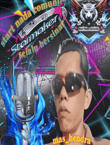 a man wearing sunglasses stands in front of a microphone with the words start nada community on the bottom right