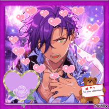 a picture of a man with purple hair and a card that says i 'm your valentine on it