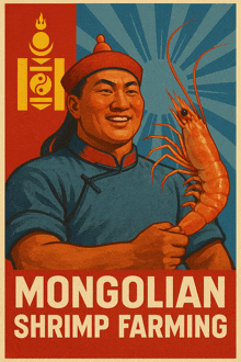 a poster for mongolian shrimp farming shows a man holding a shrimp