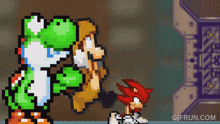 a pixel art of yoshi and sonic with the website gifrun.com in the corner