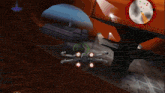 a video game shows a x-wing fighter flying through a tunnel with a compass in the background