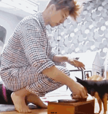 a man in a plaid shirt is kneeling down to feed a small dog .