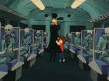 a cartoon of a woman and a child in a train car with skeletons on the seats