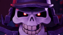 a purple skull with red eyes and a samurai helmet