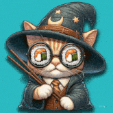 a cat wearing a wizard hat and glasses holds chopsticks and sushi in its eyes
