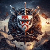 a shield with swords and a cross with creed on it