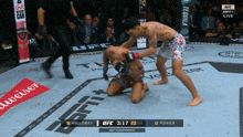 two fighters are fighting in a ufc ring with a budweiser ad in the background