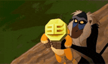 a cartoon monkey holding a stop sign with the letter e on it