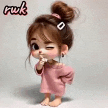 a cartoon girl in a pink dress is eating a piece of food .