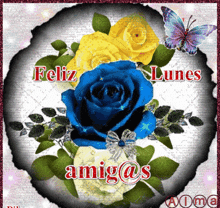a bouquet of blue and yellow roses with the words feliz lunes amigo @ s