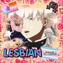 a picture of a boy with a cat and the word lesbian on it