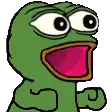 a green frog with big eyes and a red mouth is making a surprised face .