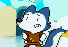 a cartoon drawing of a husky with his hands on his hips and a purple nose
