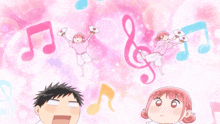 a man and a woman are standing in front of a treble clef and music notes