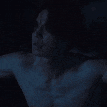 a man without a shirt is standing in the dark .