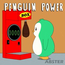 a penguin is looking at a punching machine that says penguin power