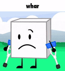 a cartoon character with crutches and the word whar on the top