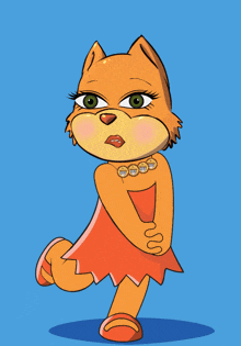 a cartoon drawing of a cat wearing a red dress and a necklace