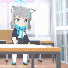 a girl with a cat ear is standing in front of a desk