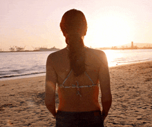 a woman in a bikini stands on a beach looking at the water