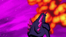 a cartoon character with pink crystals on his back is standing in front of a purple background