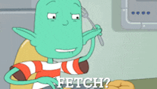 a cartoon character is holding a spoon and the word fetch is above him